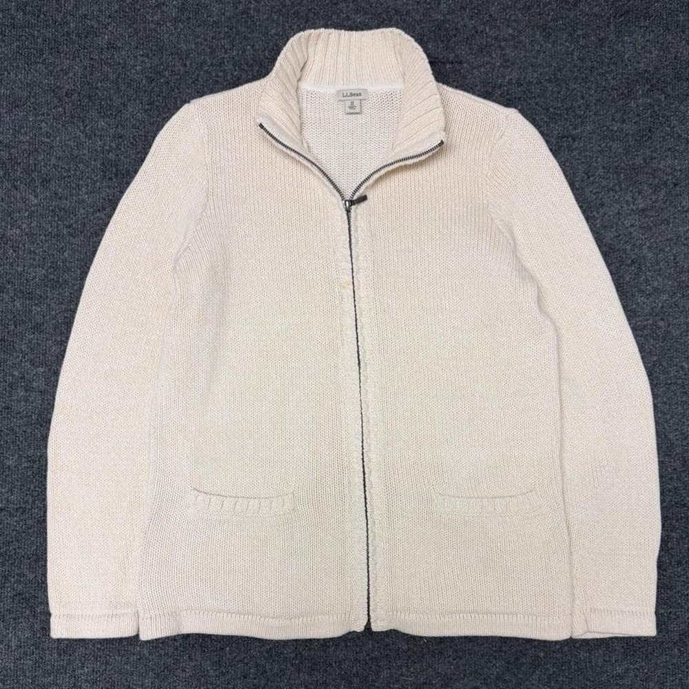 LL Bean Womens Cream Knit Full Zip Cardigan Sweater Mock Neck Tan M
